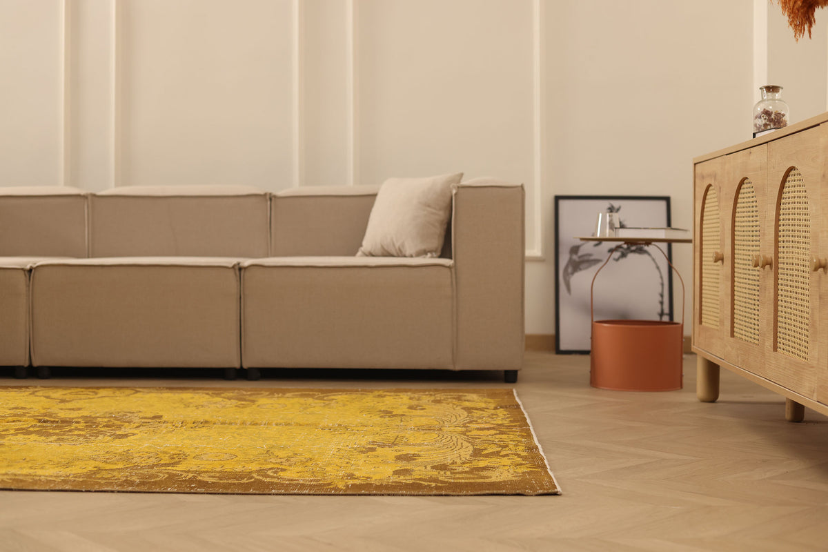 Vintage Isparta Turkish Area Rug 5x9 ft — Yellow & Brown Overdyed