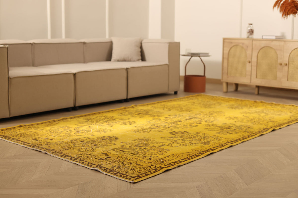 Vintage Isparta Turkish Area Rug 5x10 ft — Yellow & Brown Floral