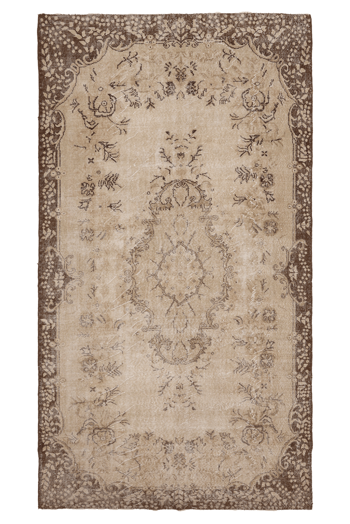 Vintage Isparta Turkish Area Rug 5x10 ft — Beige & Brown Floral (No. 39608)