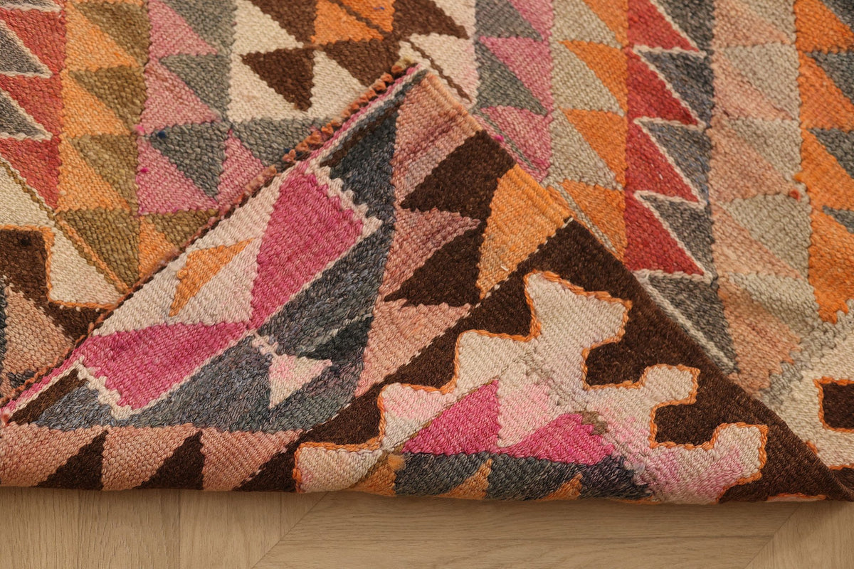 Vintage Southeastern Persian Style Kilim Runner Rug 4x11 ft — Orange & Pink Geometric