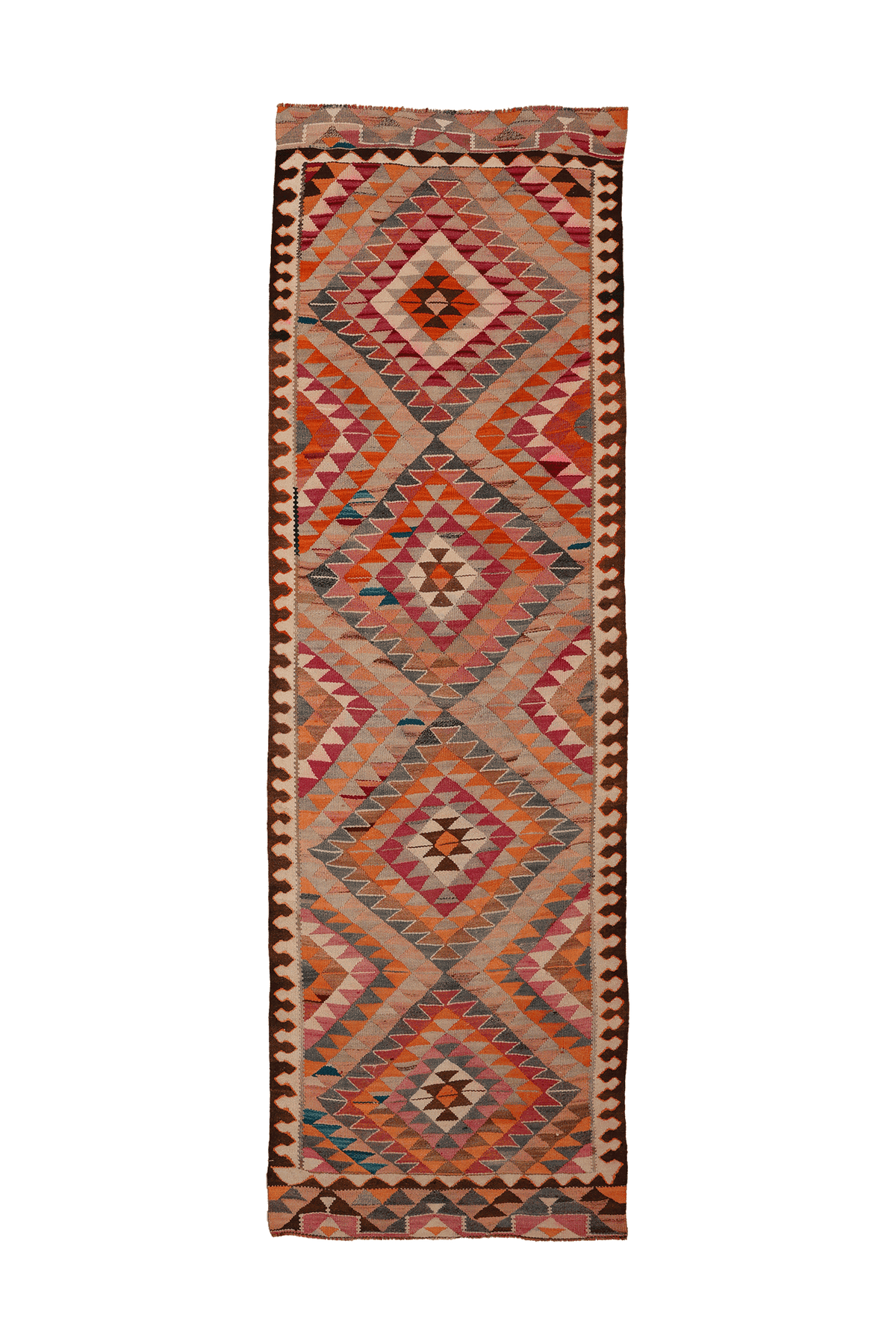 Vintage Southeastern Persian Style Kilim Runner Rug 4x11 ft — Orange & Pink Geometric
