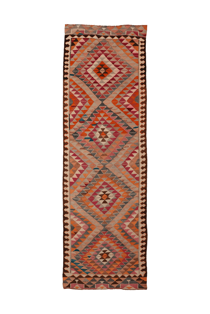 Vintage Southeastern Persian Style Kilim Runner Rug 4x11 ft — Orange & Pink Geometric