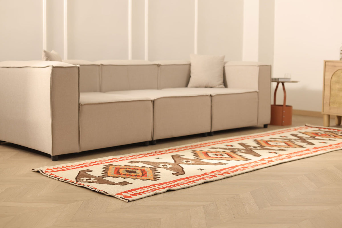 Vintage Southeastern Persian Style Kilim Runner Rug 4x11 ft — Beige & Brown Geometric