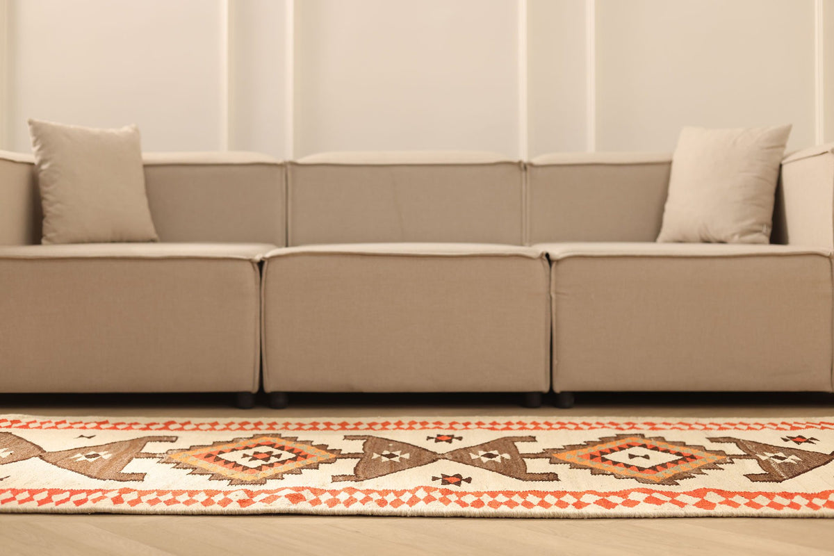Vintage Southeastern Persian Style Kilim Runner Rug 4x11 ft — Beige & Brown Geometric