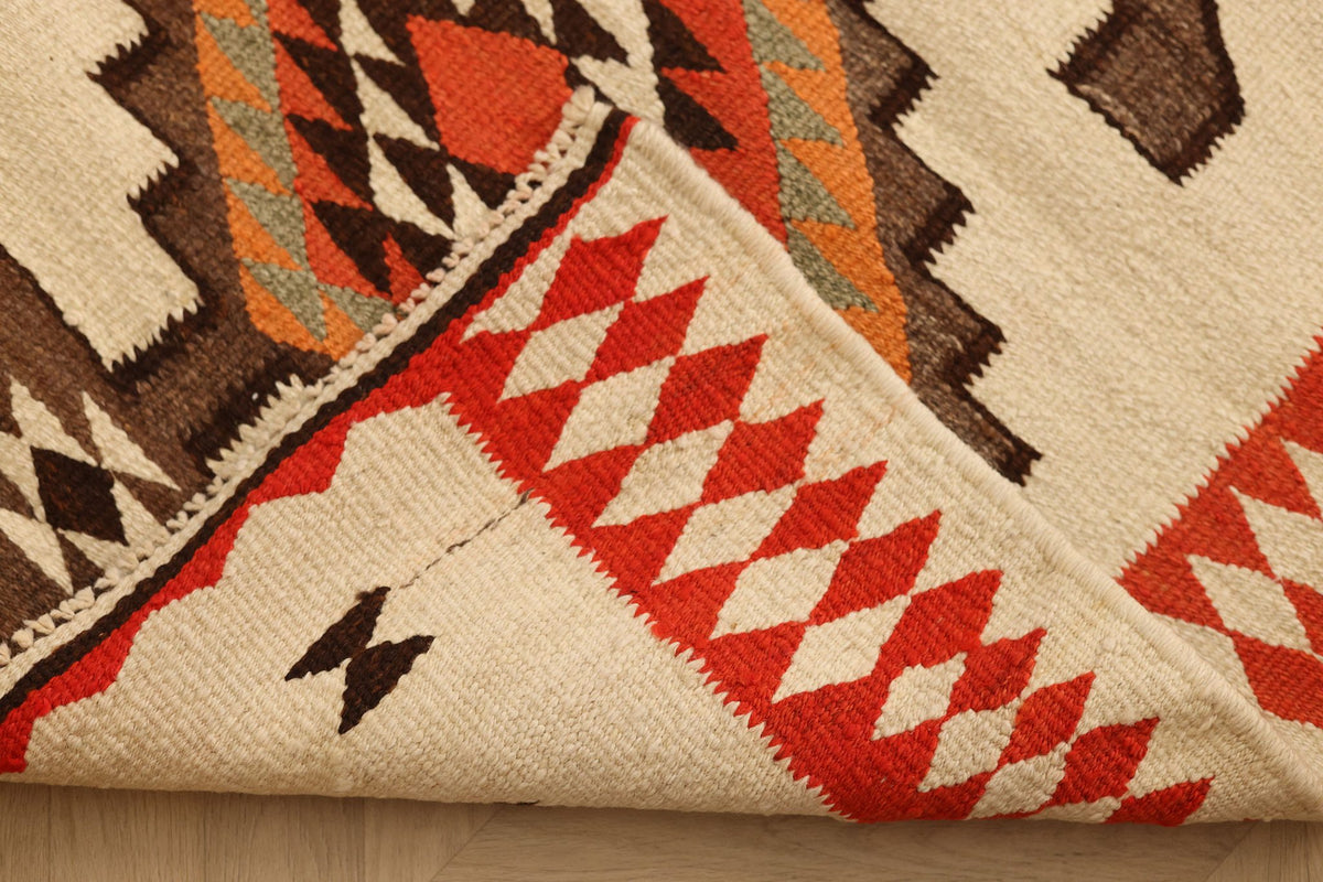 Vintage Southeastern Persian Style Kilim Runner Rug 4x11 ft — Beige & Brown Geometric