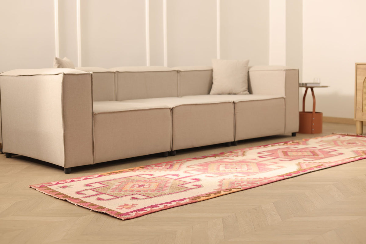 Vintage Southeastern Persian Style Kilim Runner Rug 3x11 ft — Beige & Pink Geometric