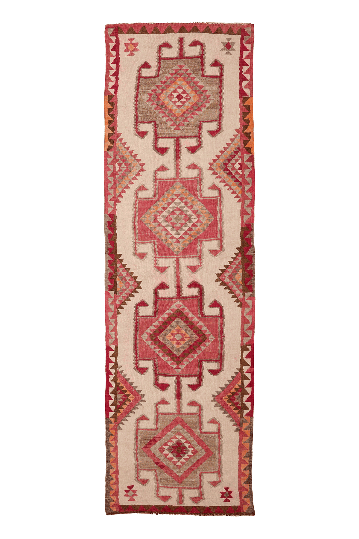 Vintage Southeastern Persian Style Kilim Runner Rug 3x11 ft — Beige & Pink Geometric