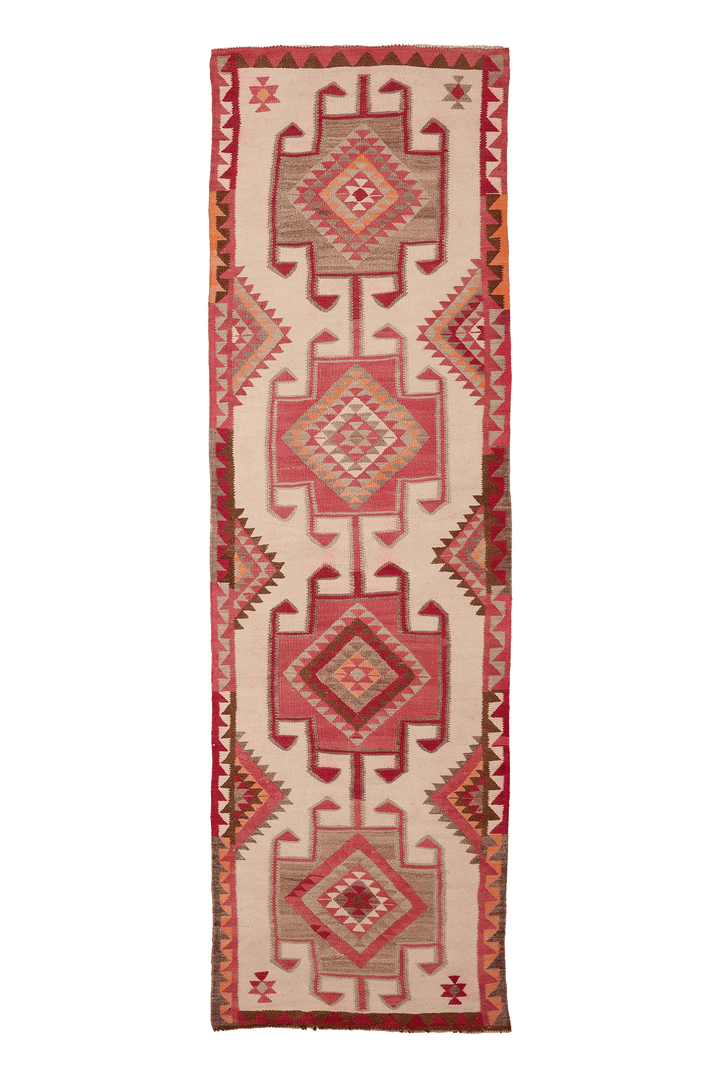 Vintage Southeastern Persian Style Kilim Runner Rug 3x11 ft — Beige & Pink Geometric