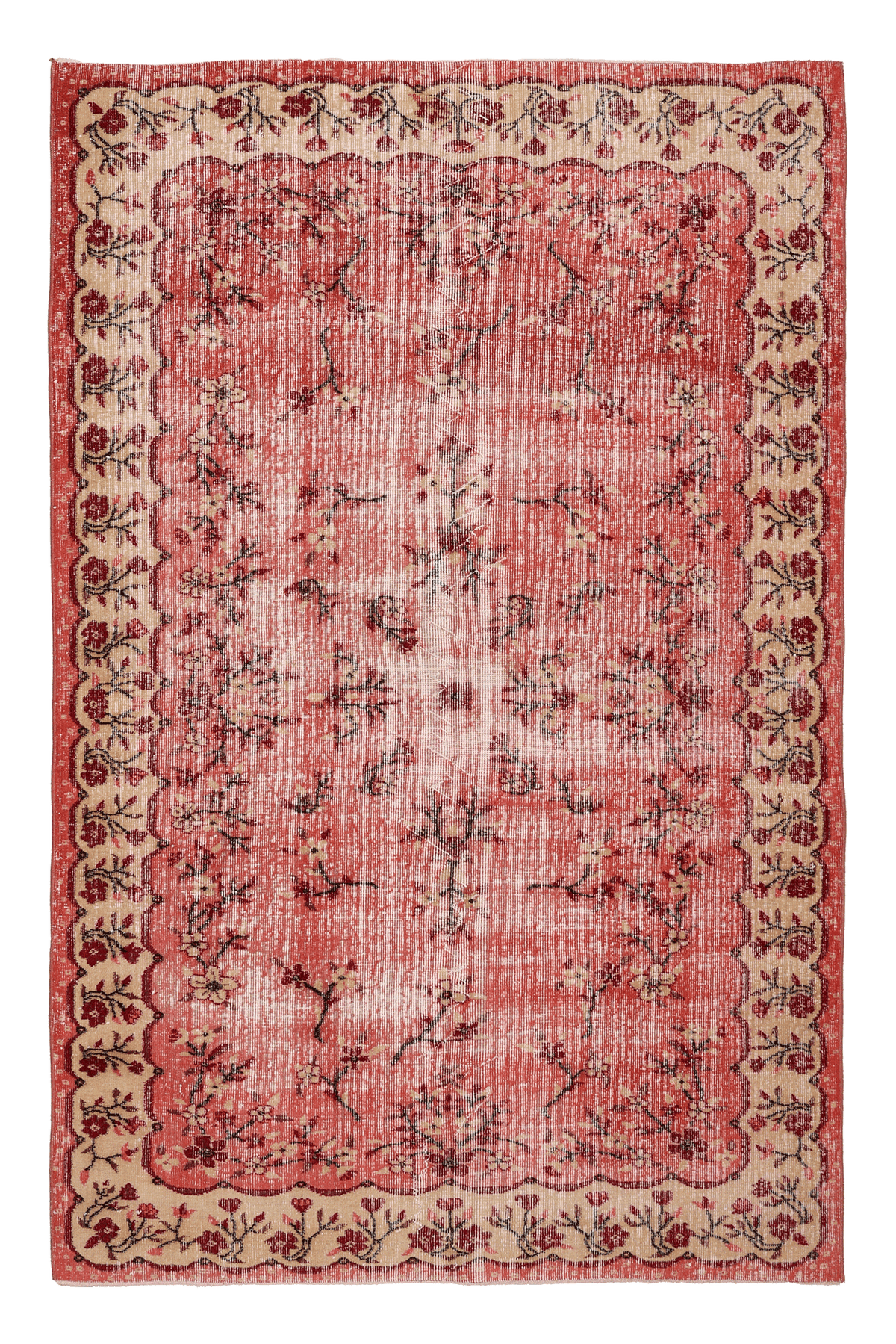 Vintage Isparta Turkish Area Rug 5x8 ft — Red & Beige Distressed