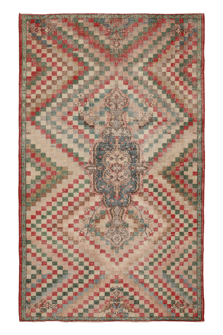 Vintage Isparta Turkish Area Rug 5x12 ft — Beige & Red Geometric
