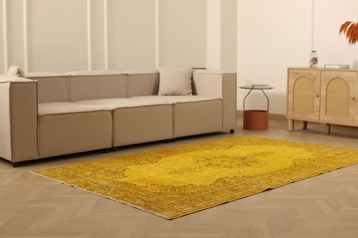 Vintage Isparta Turkish Area Rug 5x8 ft — Yellow & Brown Overdyed