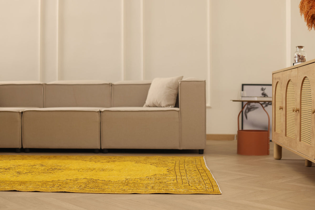 Vintage Isparta Turkish Area Rug 5x8 ft — Yellow & Brown Overdyed