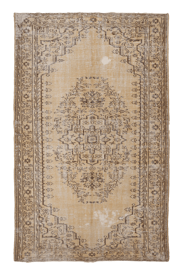 Vintage Manisa Turkish Area Rug 6x9 ft — Beige & Brown Distressed (No. 39903)