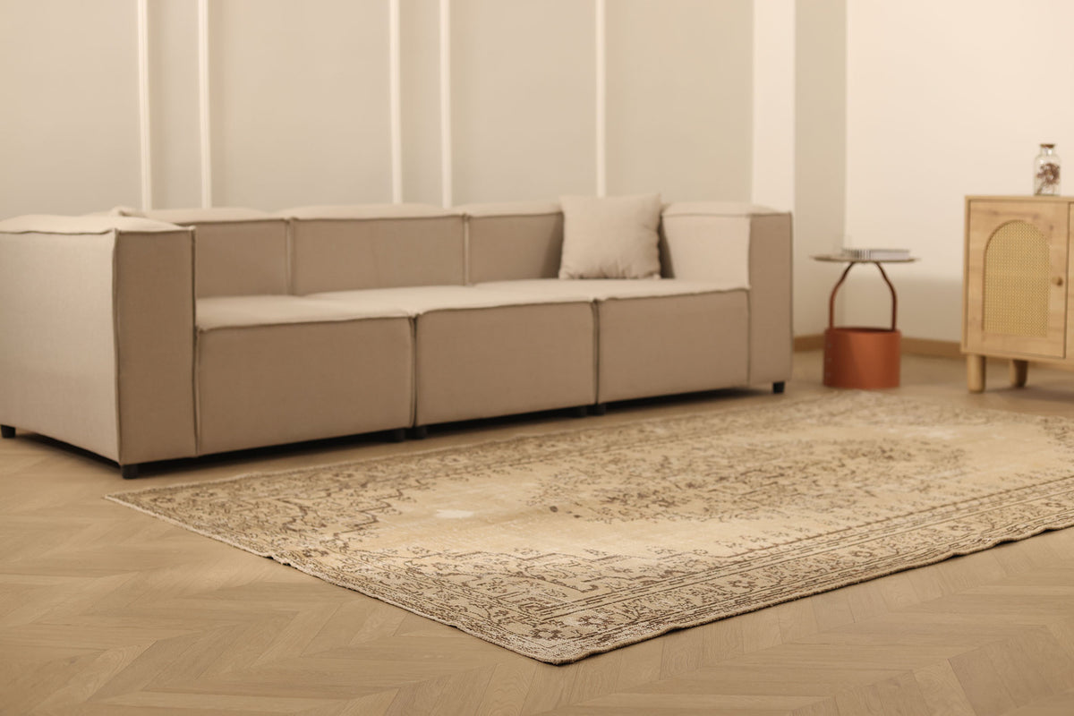 Vintage Manisa Turkish Area Rug 6x9 ft — Beige & Brown Distressed (No. 39903)
