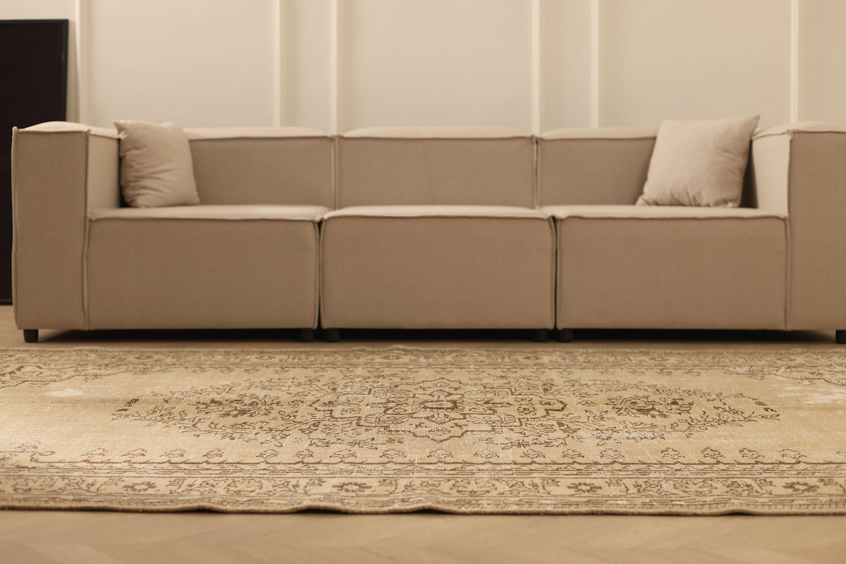 Vintage Manisa Turkish Area Rug 6x9 ft — Beige & Brown Distressed (No. 39903)