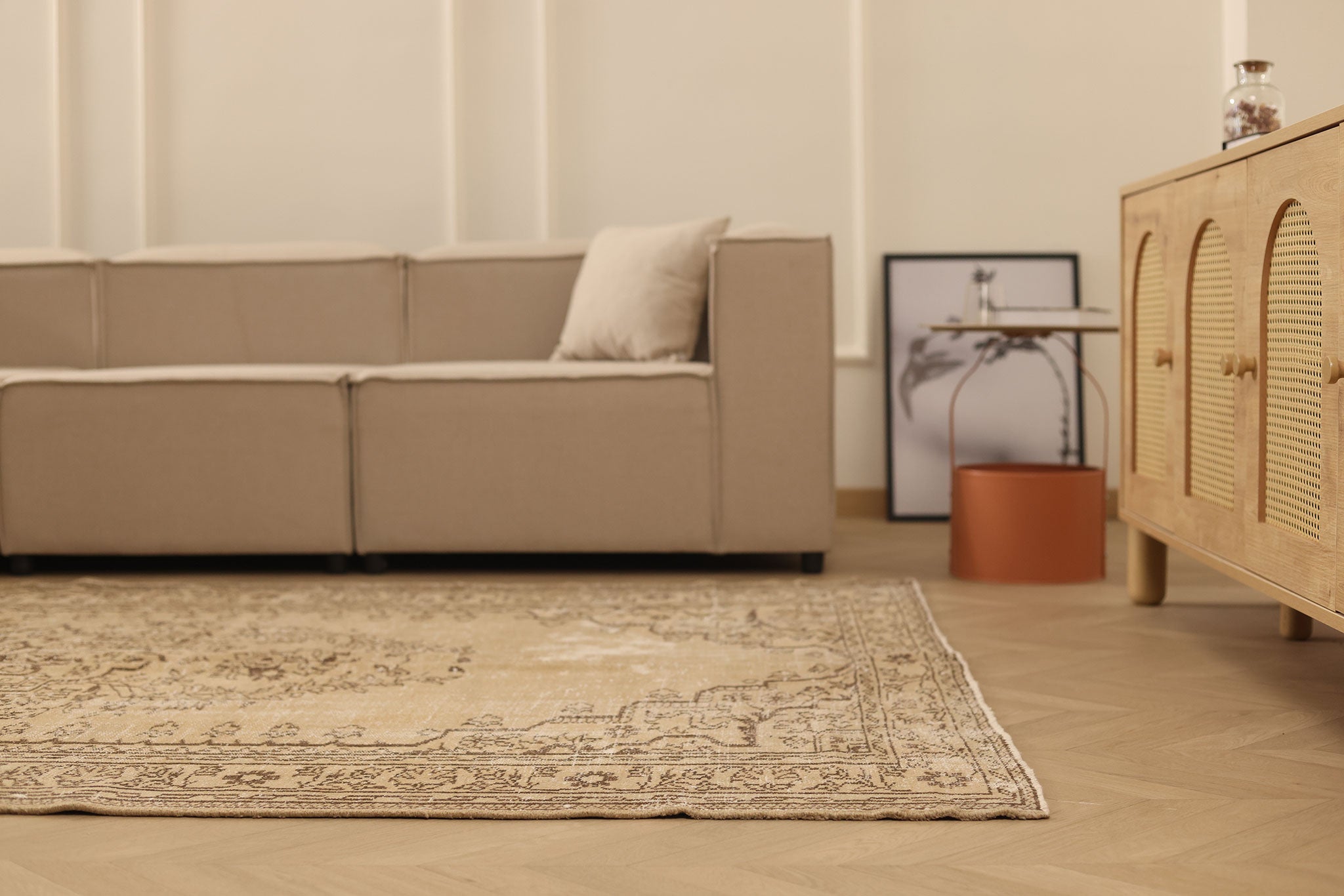 Vintage Manisa Turkish Area Rug 6x9 ft — Beige & Brown Distressed (No. 39903)