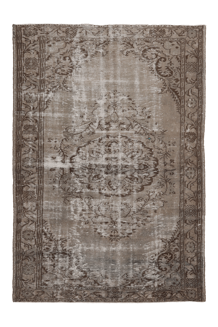 Vintage Manisa Turkish Area Rug 6x9 ft — Beige & Brown Distressed