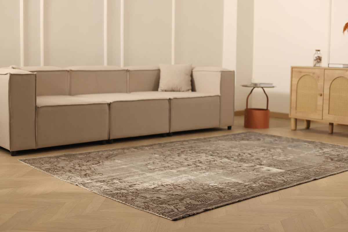 Vintage Manisa Turkish Area Rug 6x9 ft — Beige & Brown Distressed