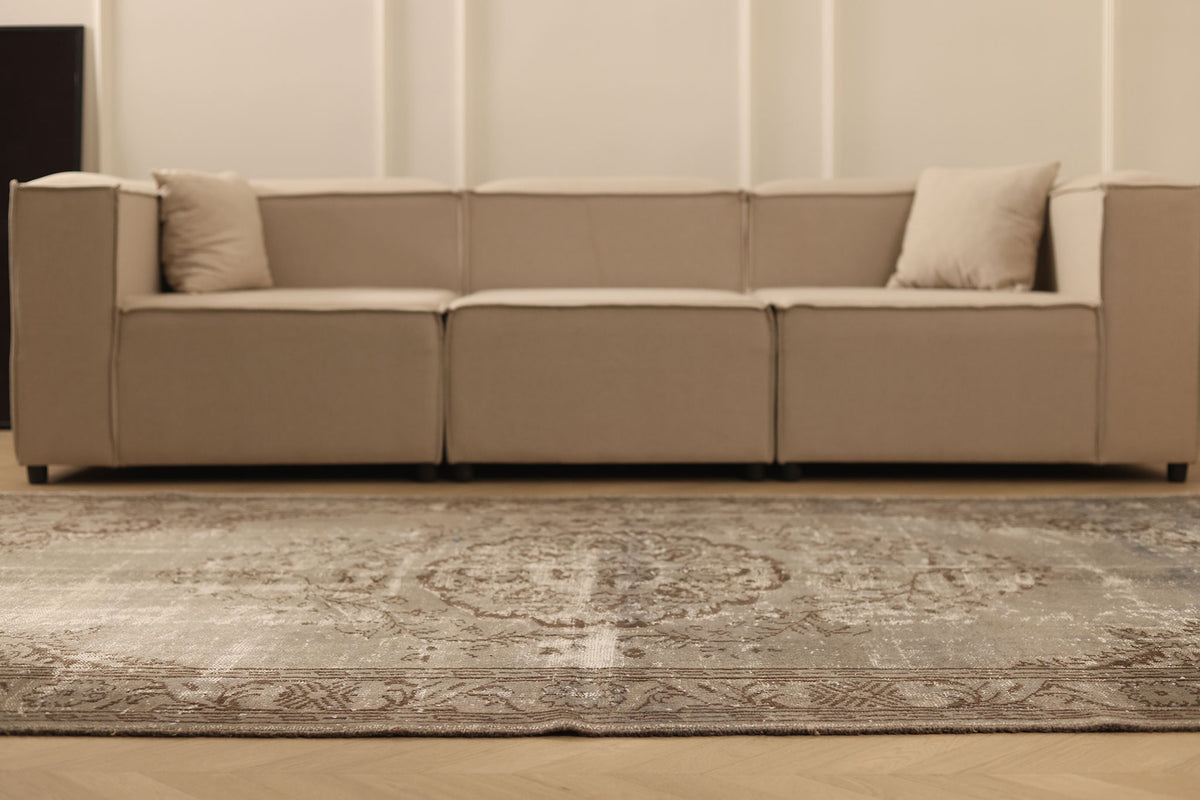 Vintage Manisa Turkish Area Rug 6x9 ft — Beige & Brown Distressed