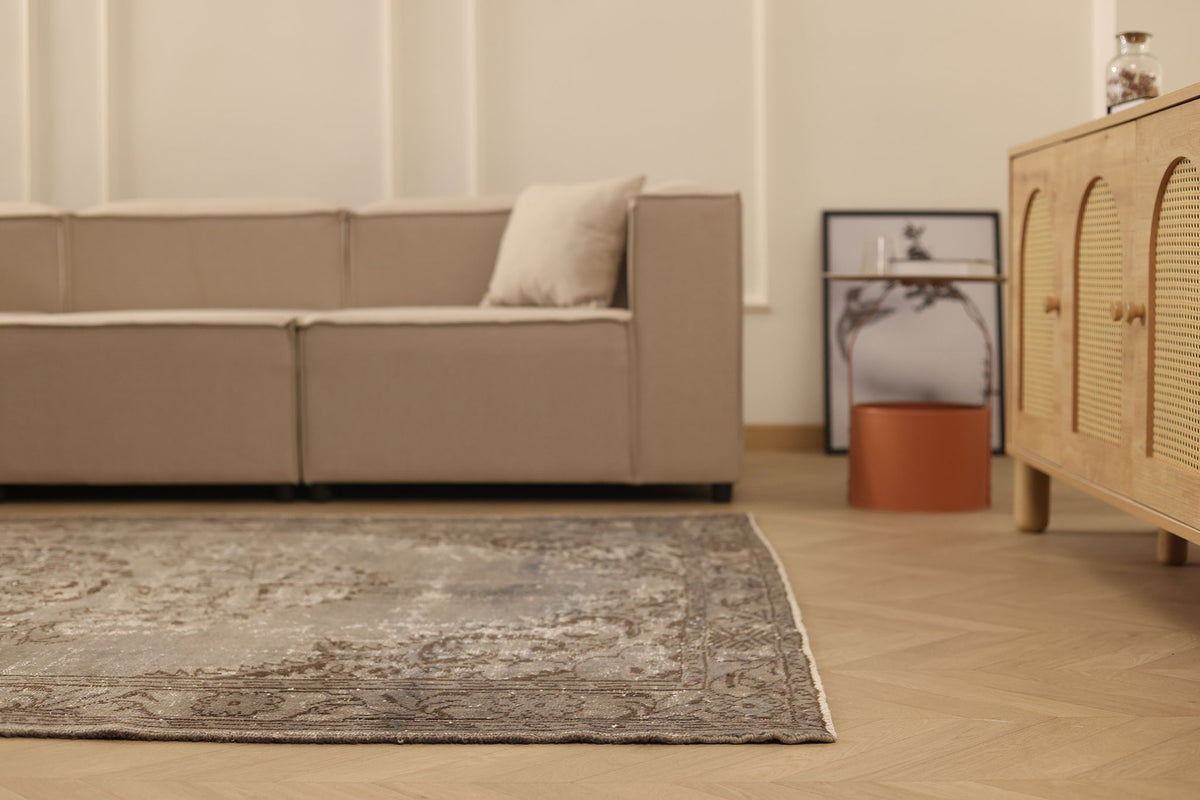 Vintage Manisa Turkish Area Rug 6x9 ft — Beige & Brown Distressed