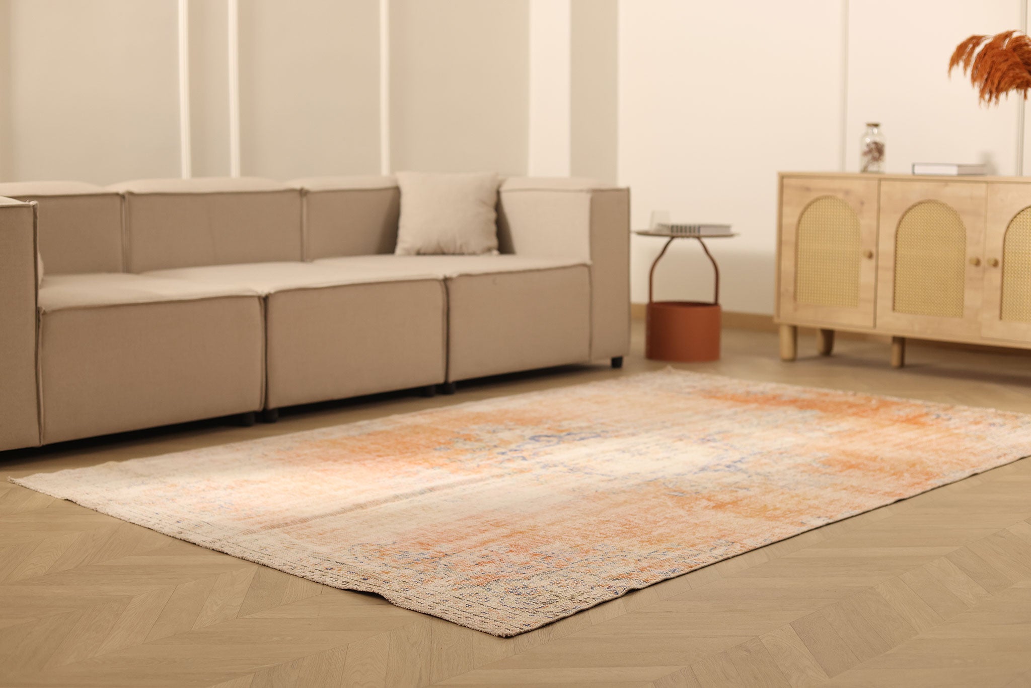 Vintage Manisa Turkish Area Rug 5x9 ft — Orange & Beige Distressed (No. 39911)