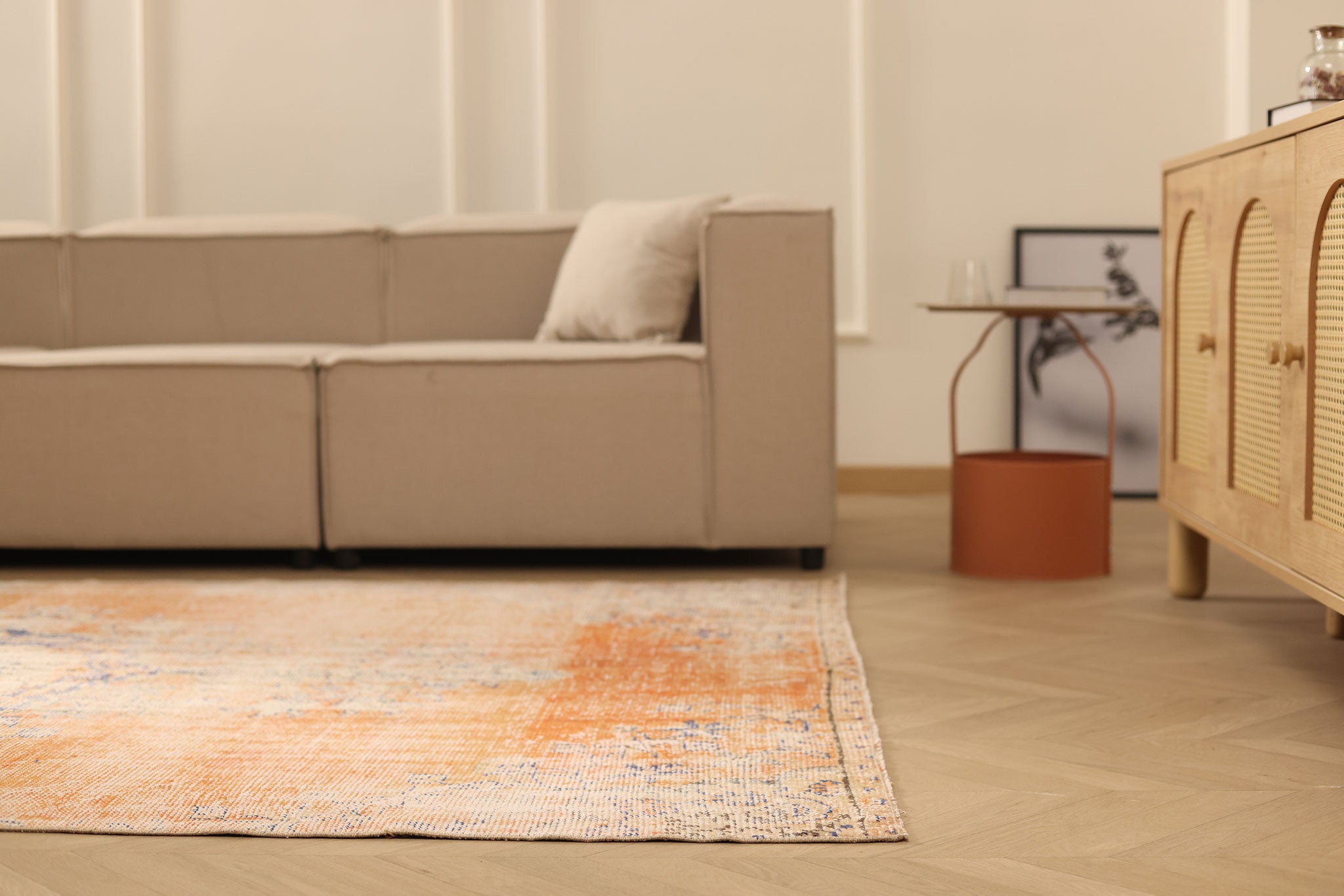 Vintage Manisa Turkish Area Rug 5x9 ft — Orange & Beige Distressed (No. 39911)