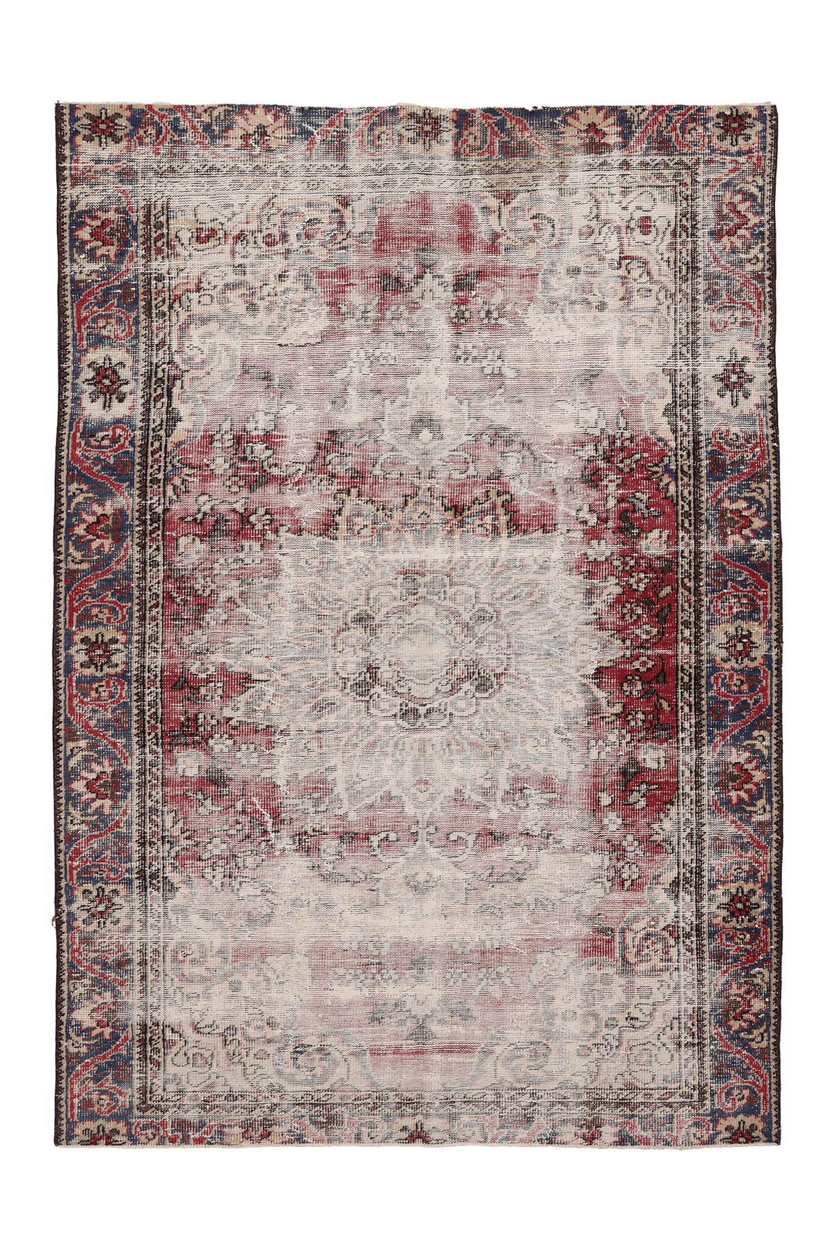 Vintage Manisa Turkish Area Rug 5x7 ft — Beige & Red Distressed