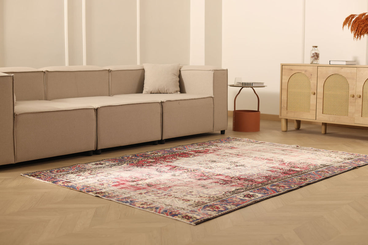 Vintage Manisa Turkish Area Rug 5x7 ft — Beige & Red Distressed