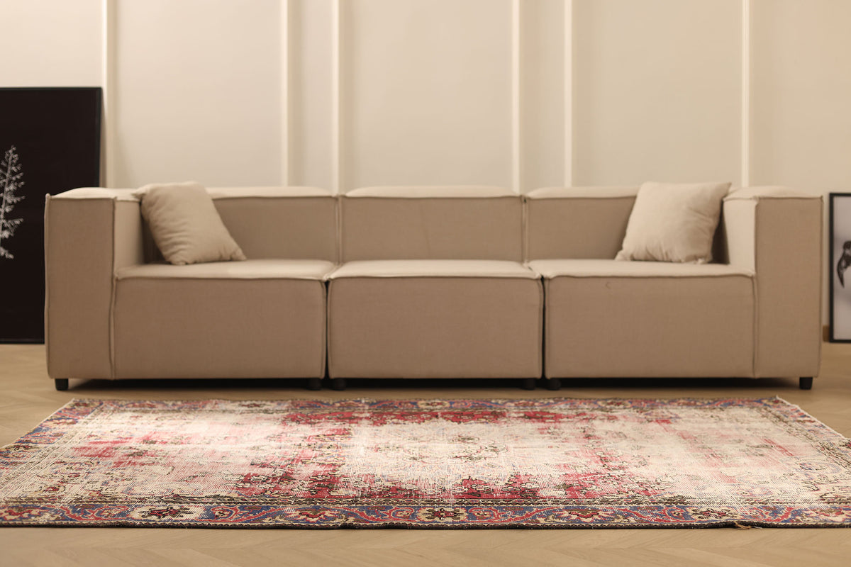 Vintage Manisa Turkish Area Rug 5x7 ft — Beige & Red Distressed