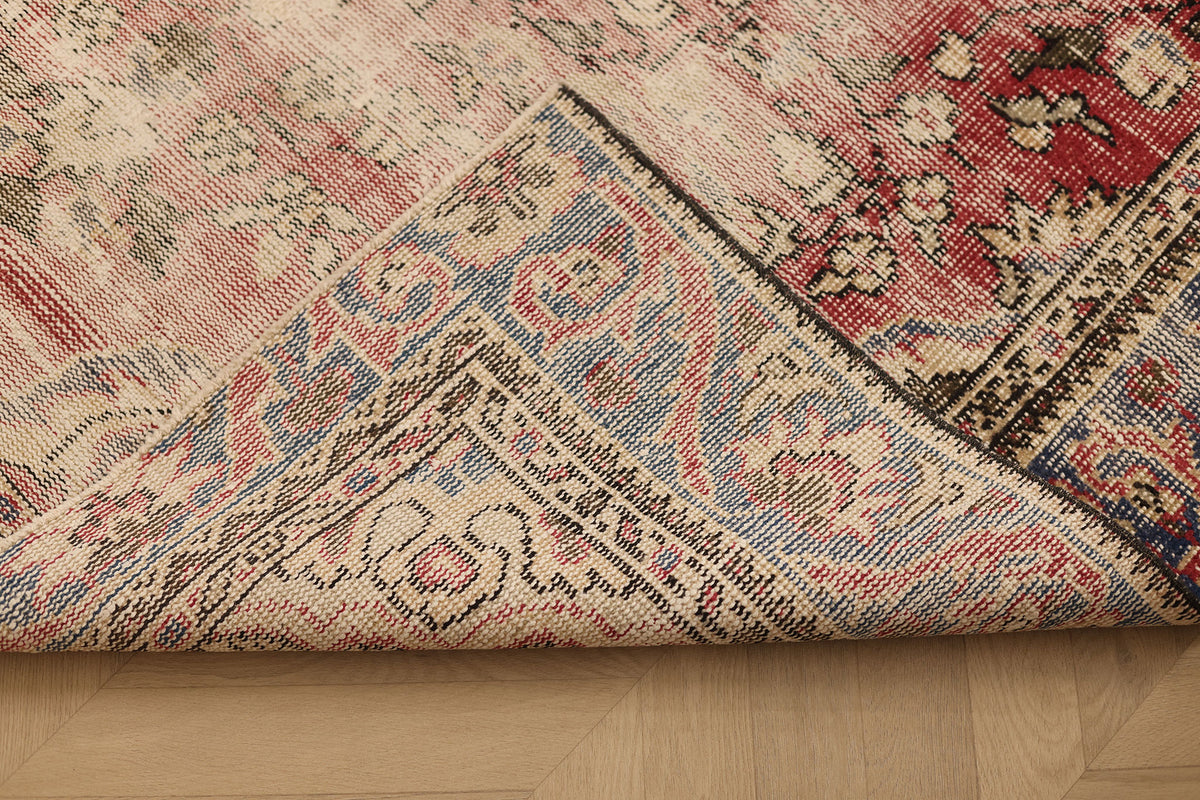 Vintage Manisa Turkish Area Rug 5x7 ft — Beige & Red Distressed