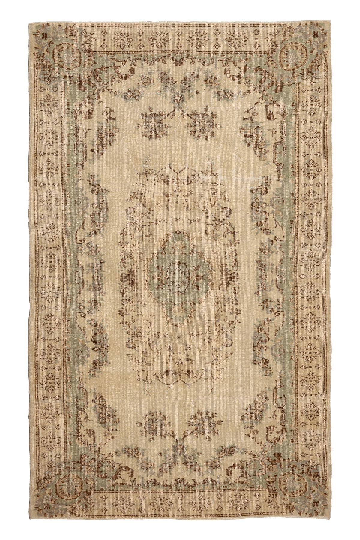 Vintage Isparta Turkish Area Rug 5x8 ft — Beige & Green Floral (No. 39914)