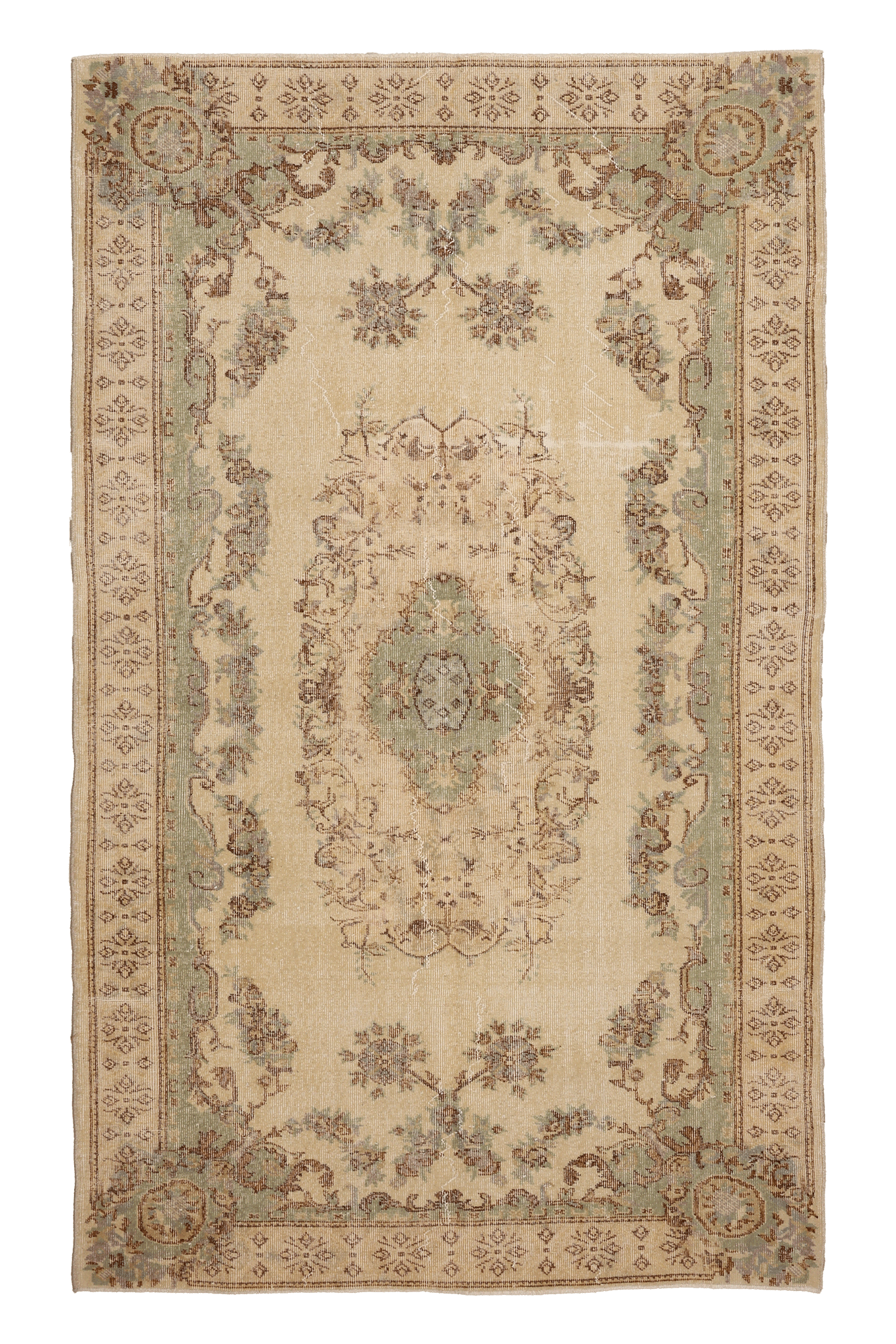 Vintage Isparta Turkish Area Rug 5x8 ft — Beige & Green Floral (No. 39914)