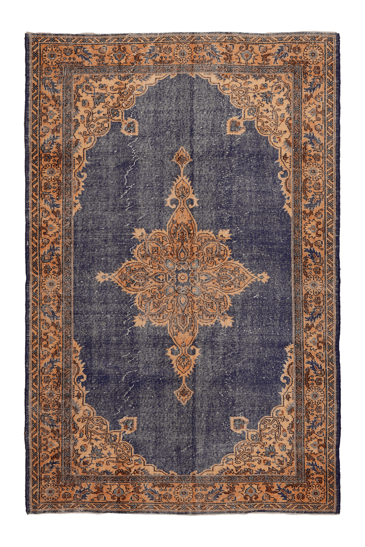 Vintage Isparta Turkish Area Rug 5x8 ft — Blue & Orange Floral