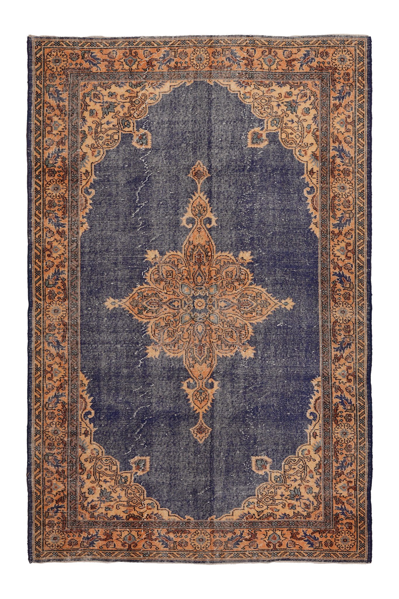 Vintage Isparta Turkish Area Rug 5x8 ft — Blue & Orange Floral