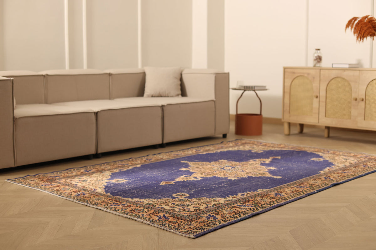 Vintage Isparta Turkish Area Rug 5x8 ft — Blue & Orange Floral