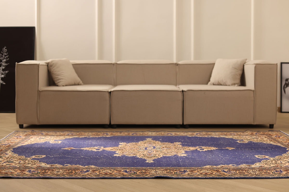 Vintage Isparta Turkish Area Rug 5x8 ft — Blue & Orange Floral