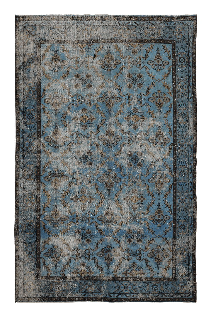 Vintage Isparta Turkish Area Rug 5x9 ft — Blue & Gray Distressed