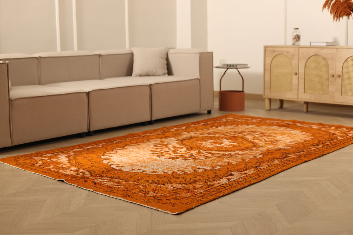 Vintage Manisa Turkish Area Rug 5x9 ft — Orange & Beige Distressed