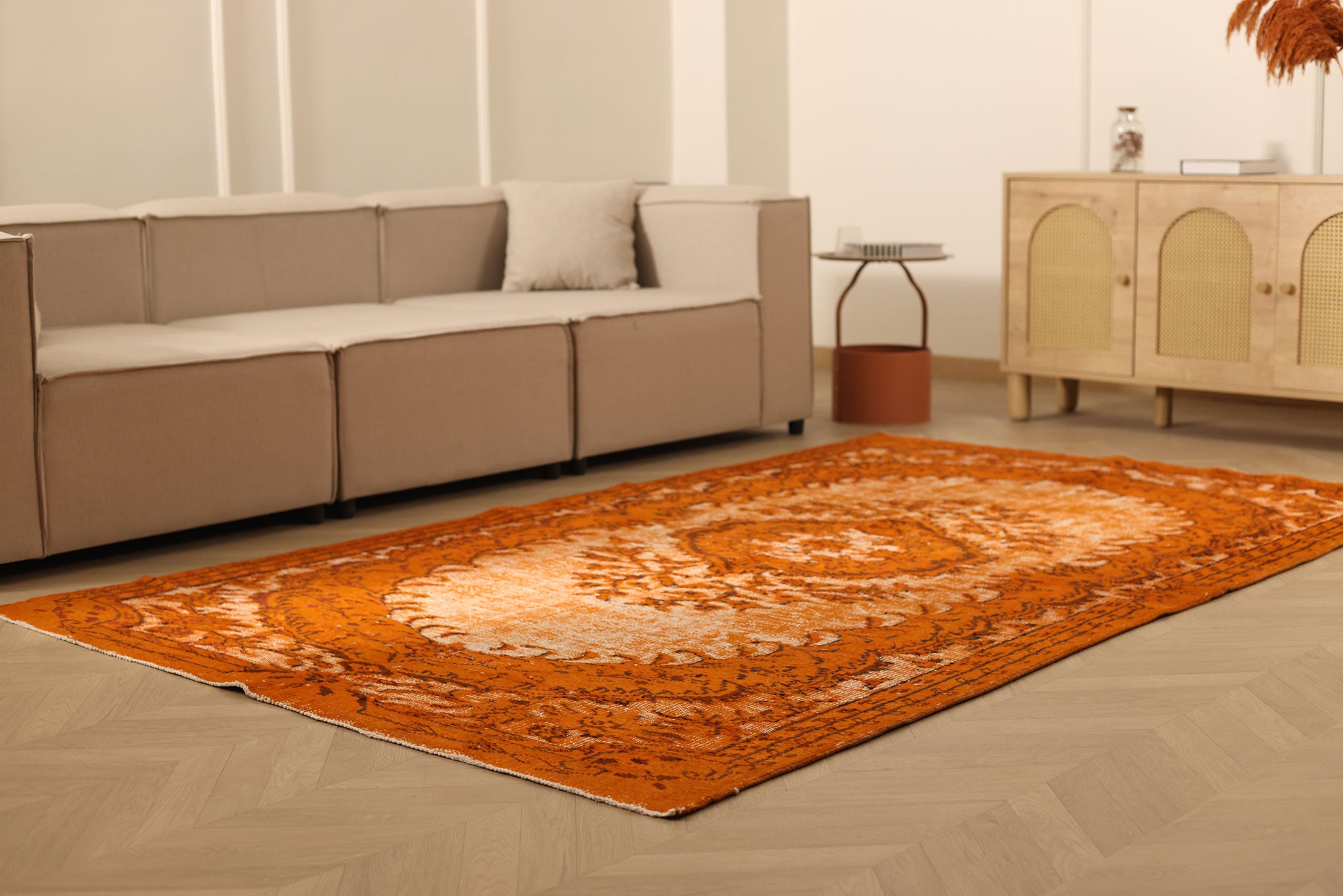 Vintage Manisa Turkish Area Rug 5x9 ft — Orange & Beige Distressed