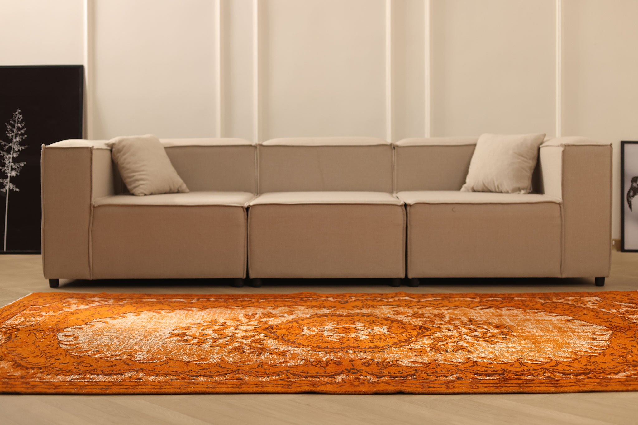 Vintage Manisa Turkish Area Rug 5x9 ft — Orange & Beige Distressed