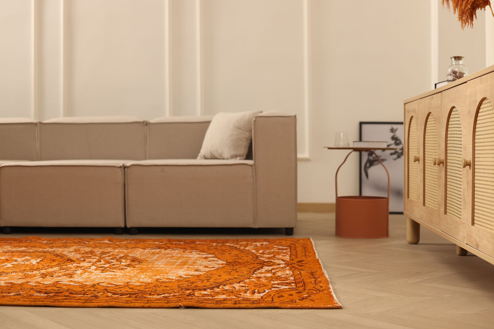 Vintage Manisa Turkish Area Rug 5x9 ft — Orange & Beige Distressed