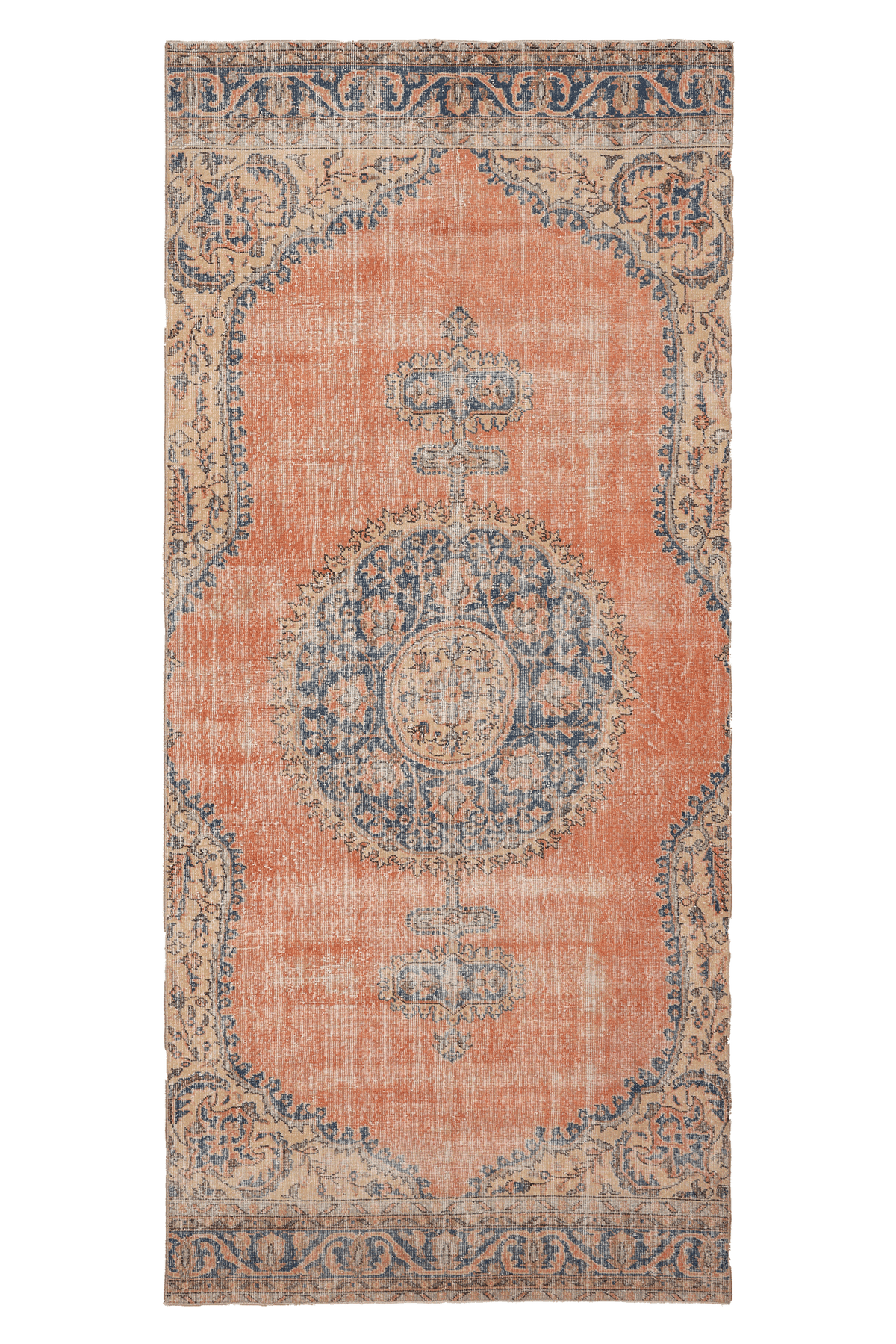 Vintage Isparta Turkish Area Rug 4x10 ft — Orange & Blue Floral