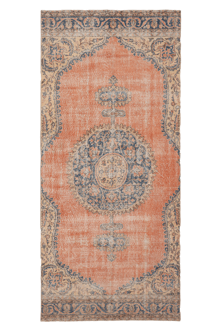 Vintage Isparta Turkish Area Rug 4x10 ft — Orange & Blue Floral