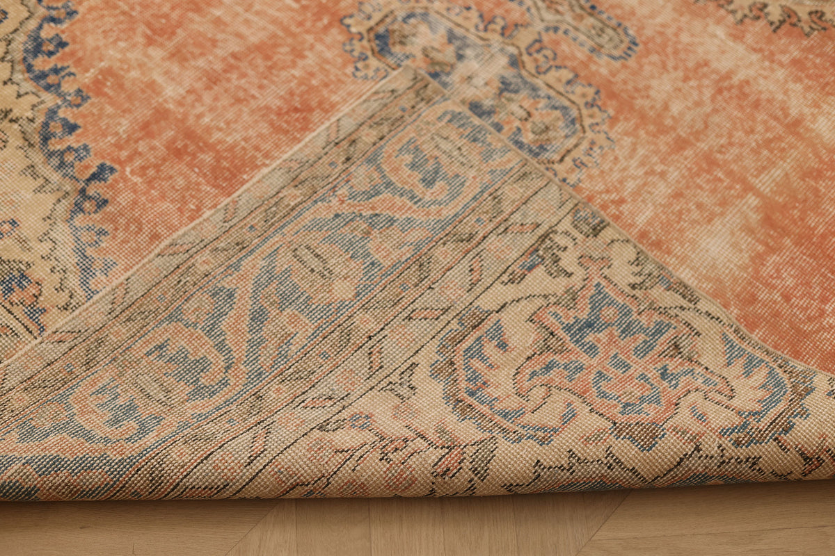 Vintage Isparta Turkish Area Rug 4x10 ft — Orange & Blue Floral