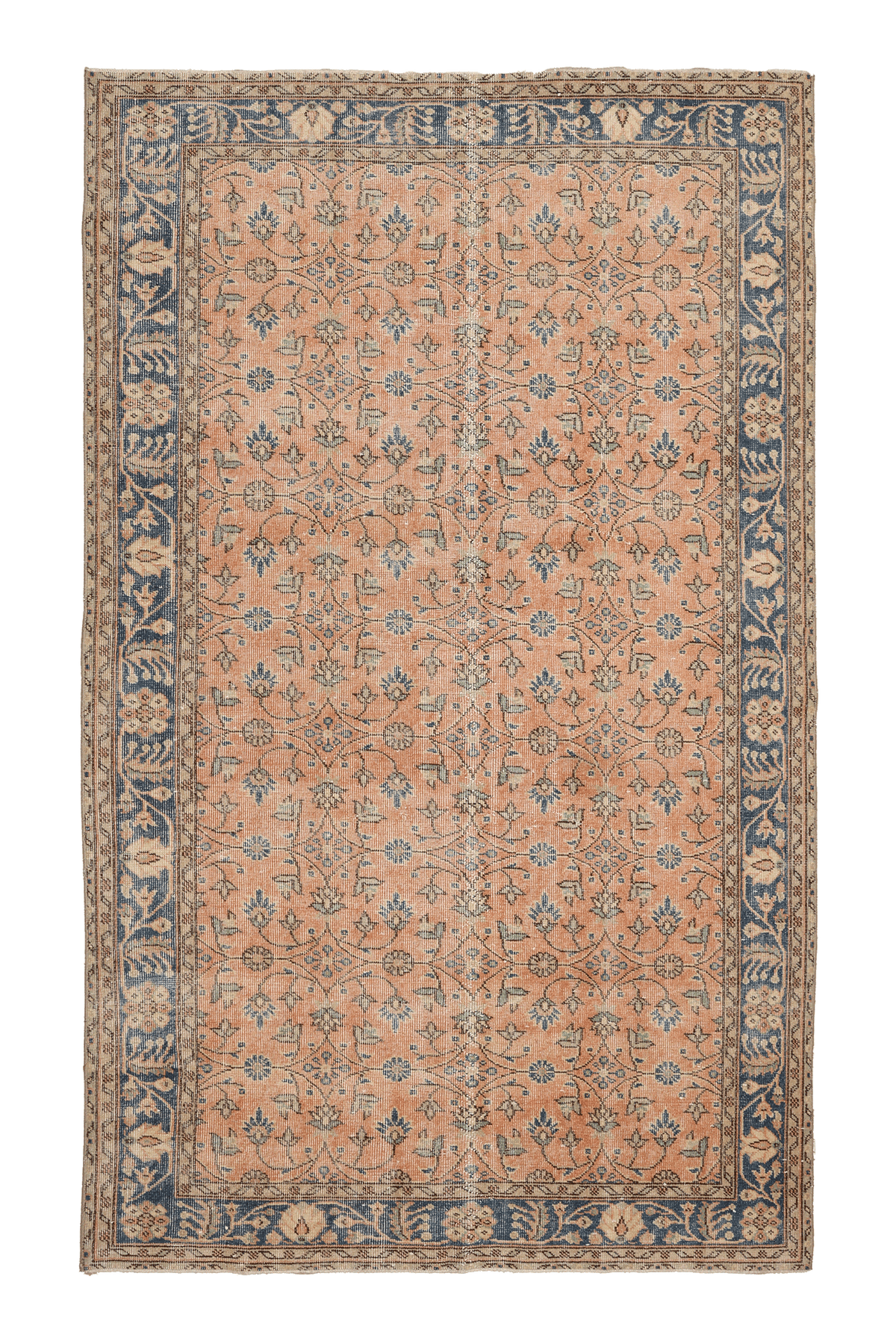 Vintage Isparta Turkish Area Rug 5x9 ft — Orange & Blue Floral