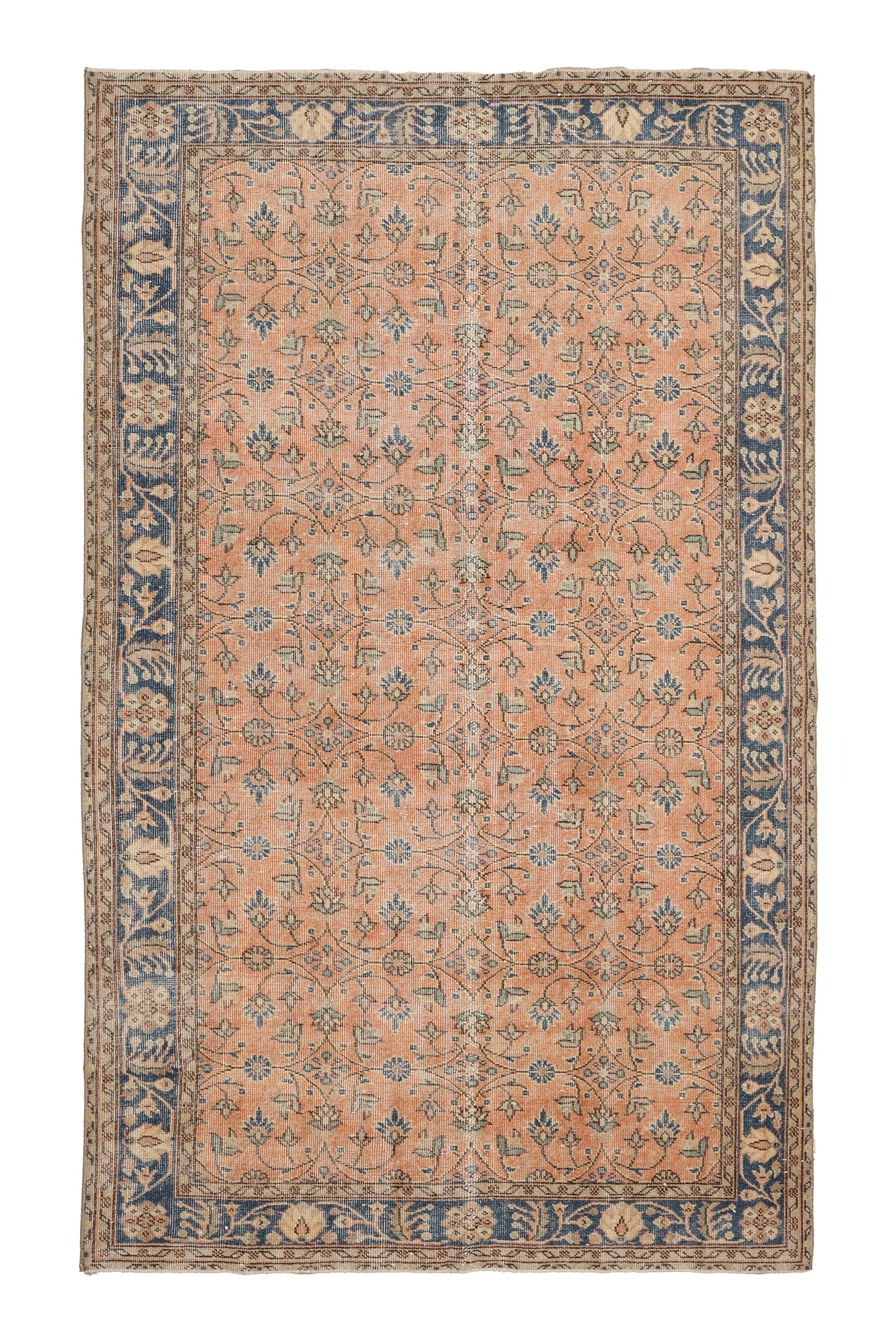 Vintage Isparta Turkish Area Rug 5x9 ft — Orange & Blue Floral