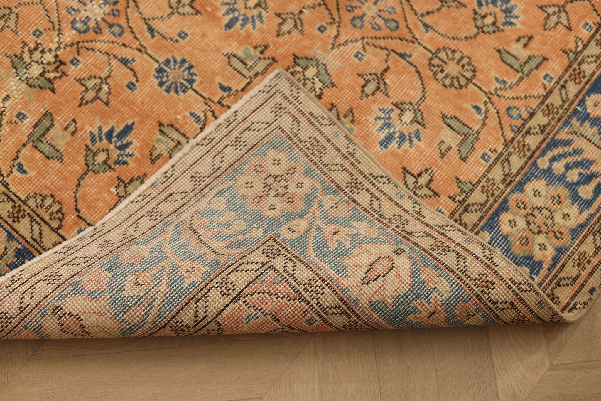 Vintage Isparta Turkish Area Rug 5x9 ft — Orange & Blue Floral