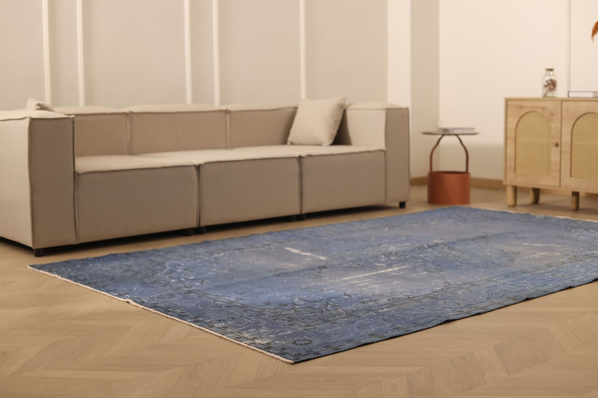Vintage Isparta Turkish Area Rug 6x10 ft — Blue & Gray Overdyed (No. 39930)
