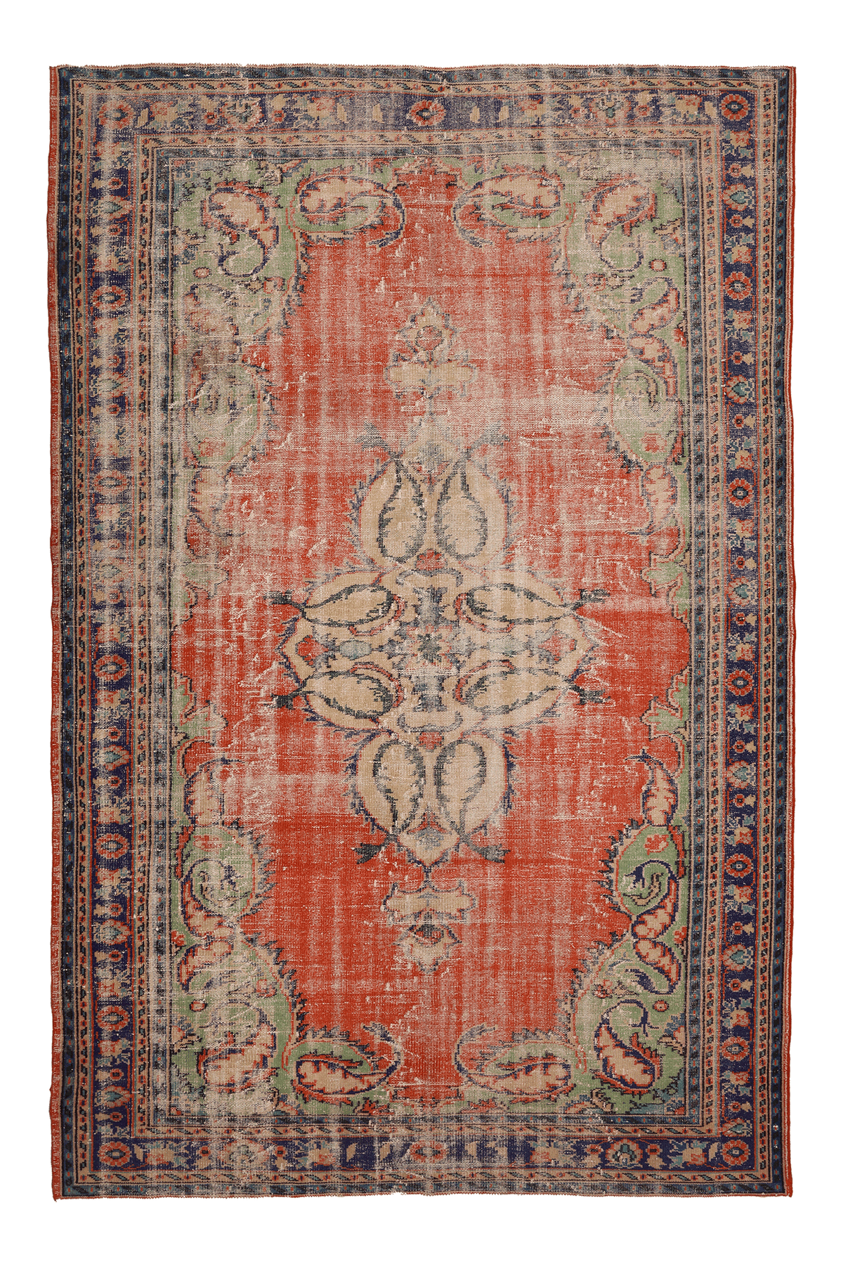 Vintage Manisa Turkish Area Rug 7x10 ft — Red & Green Distressed