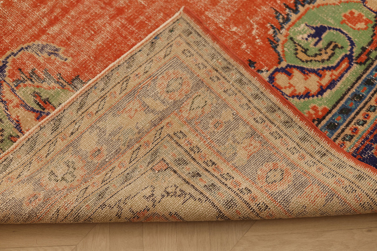 Vintage Manisa Turkish Area Rug 7x10 ft — Red & Green Distressed